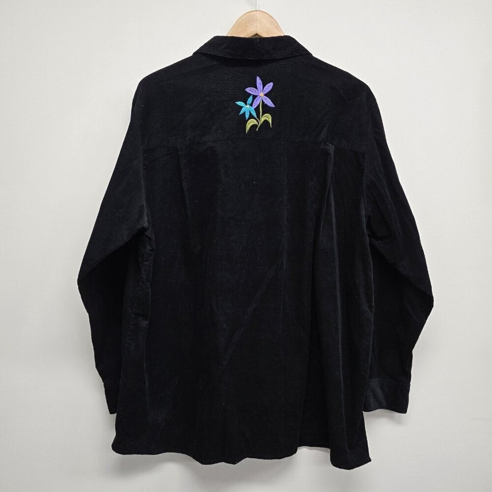 VTG Quacker Factory Black Embroidered Floral Button Up Thin Corduroy Shirt Sz 1X - Picture 2 of 6